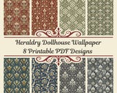 Heraldry Dollhouse Wallpaper, 8 Printable PDF Designs, Miniature Wallpaper, Dollhouse Decor, Crafting Paper, DIY Dollhouse Walls