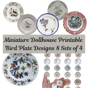Printable Miniature Dollhouse Plates: Vintage Bird Designs, 8 Sets of 4