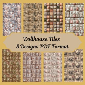 以下が含まれることがあります： PDF 形式のヴィンテージスタイルのタイルパターンの印刷可能なデザインが 8 つあります。タイルには、茶色、ピンク、白の色の花柄、幾何学模様、風景のデザインが施されています。