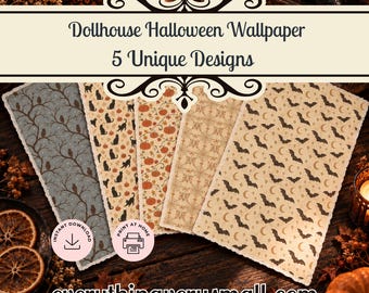 Papel pintado de Halloween para casa de muñecas, juego de papel pintado espeluznante en miniatura, descarga imprimible a escala 1:12