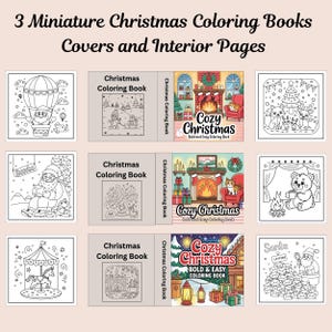 Puede incluir: Se muestran nueve libros de colorear navideños en miniatura, con portadas y páginas interiores. Las portadas muestran "Christmas Coloring Book" y "Cozy Christmas". Las páginas interiores muestran escenas festivas, incluyendo a Papá Noel, un carrusel y una chimenea.