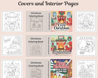 Può includere: Nove libri da colorare natalizi in miniatura sono esposti, con copertine e pagine interne. Le copertine presentano "Christmas Coloring Book" e "Cozy Christmas". Le pagine interne mostrano scene festive, tra cui Babbo Natale, una giostra e un caminetto.
