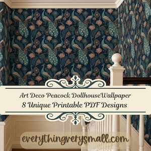 Zestaw tapet do domku dla lalek w stylu art déco z pawiem do wydrukowania w formacie PDF – 8 eleganckich wzorów w stylu vintage do dekoracji w miniaturze