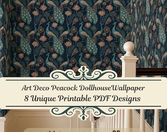 Art Deco Peacock Dollhouse Wallpaper Printable PDF Set – 8 Elegant Vintage Designs for Miniature Decoration