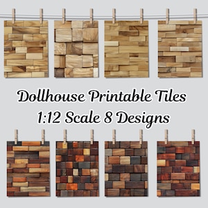 Piastrelle per pavimenti e pareti in legno per casa delle bambole in scala 1:12 x 8 fogli A4 stampabili - Mogano, Rovere chiaro, Motivi rustici, Design minimalista senza soluzione di continuità