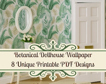 Boho Dollhouse Wallpaper PDF: Miniature Tropical Leaves, Jungle Plant Decor (Digital Download)