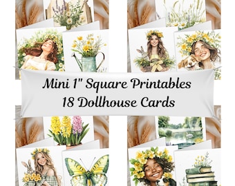 Tarjetas de felicitación de primavera para casa de muñecas en miniatura, diseños imprimibles a escala 1:12, con motivos florales, de conejos y mariposas para decorar en miniatura.