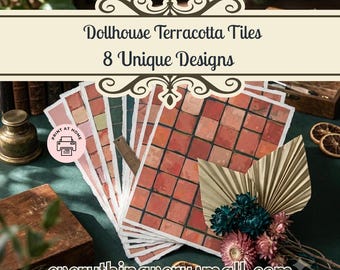 Dollhouse 1:12 Scale Terracotta Tiles – 8 Rustic Designs (A4 Printable Sheets)