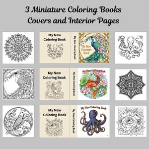Könnte beinhalten: Neun Mini-Malbücher mit Umschlägen und Innenseiten werden gezeigt. Die Umschläge zeigen aufwendige Designs eines Mandalas, eines Oktopus, eines Pfaus, eines Koi-Fisches und floraler Muster. Der Text "My New Coloring Book" ist sichtbar.