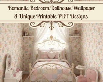 Romantic Bedroom Dollhouse Wallpaper 8 Unique Printable PDF Designs, Miniature Decor, 1 12 Scale