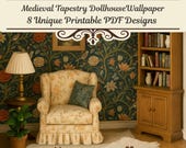 Dollhouse Tapestry Wallpaper, 8 Printable Medieval Garden Designs, Digital Vintage Floral Walls with Roses, Vines & Songbirds 1:12 Scale