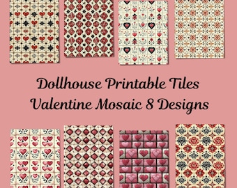 Dollhouse Valentine Mosaic Tiles, Printable Pink and Red Patterns (Digital Download)