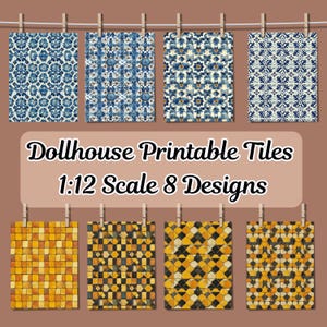 Maison de poupée carreaux de mosaïque marocains à l'échelle 1:12 pour sols et murs, 8 feuilles numériques imprimables A4, décor répétitif de motifs minimalistes sans couture