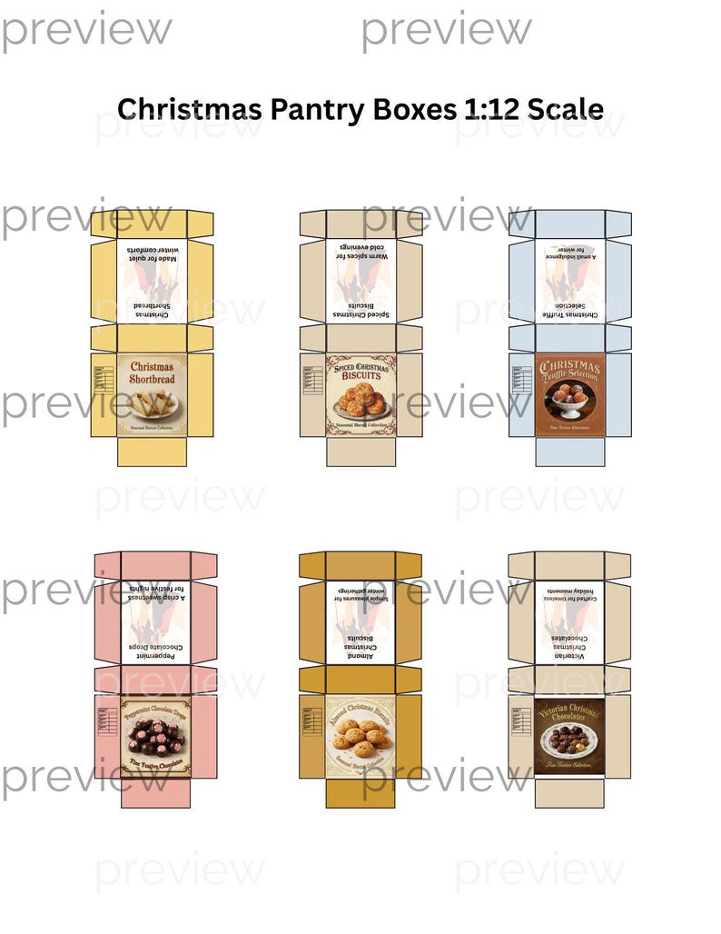 Dollhouse Christmas Biscuits and Chocolates Boxes 6 Printable Designs, Miniature Treat Boxes, 1:12 Scale