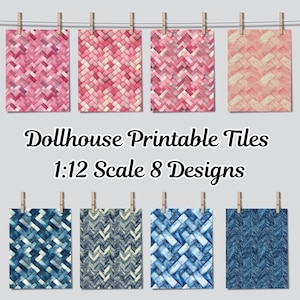 May include: Eight printable dollhouse tile designs in pink and blue. The tiles are 1:12 scale and feature various patterns, including herringbone, basket weave, and brick.
