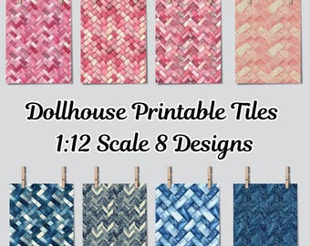 Dollhouse 1:12 Scale Herringbone Floor and Wall Tiles x 8 A4 Printable Sheets - Blue, Pale Pink, Seamless Tiled Minimalist Design, Digital