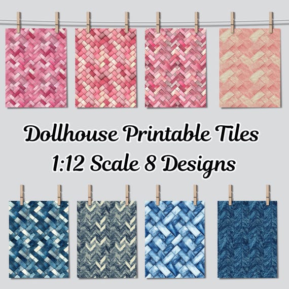 Dollhouse 1:12 Scale Herringbone Floor and Wall Tiles x 8 A4 Printable Sheets - Blue, Pale Pink, Seamless Tiled Minimalist Design, Digital