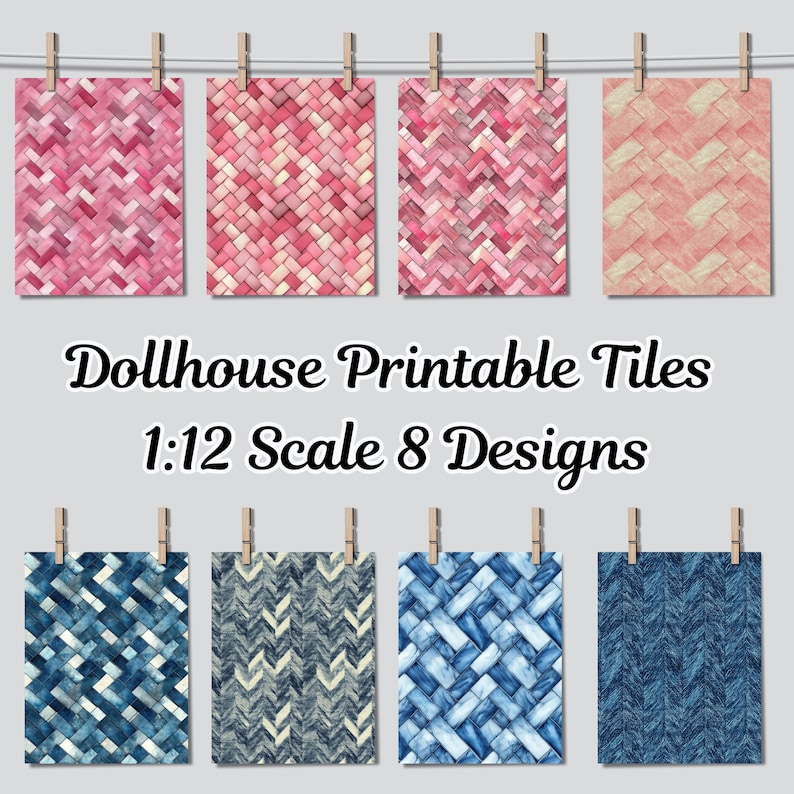 May include: Eight printable dollhouse tile designs in pink and blue. The tiles are 1:12 scale and feature various patterns, including herringbone, basket weave, and brick.