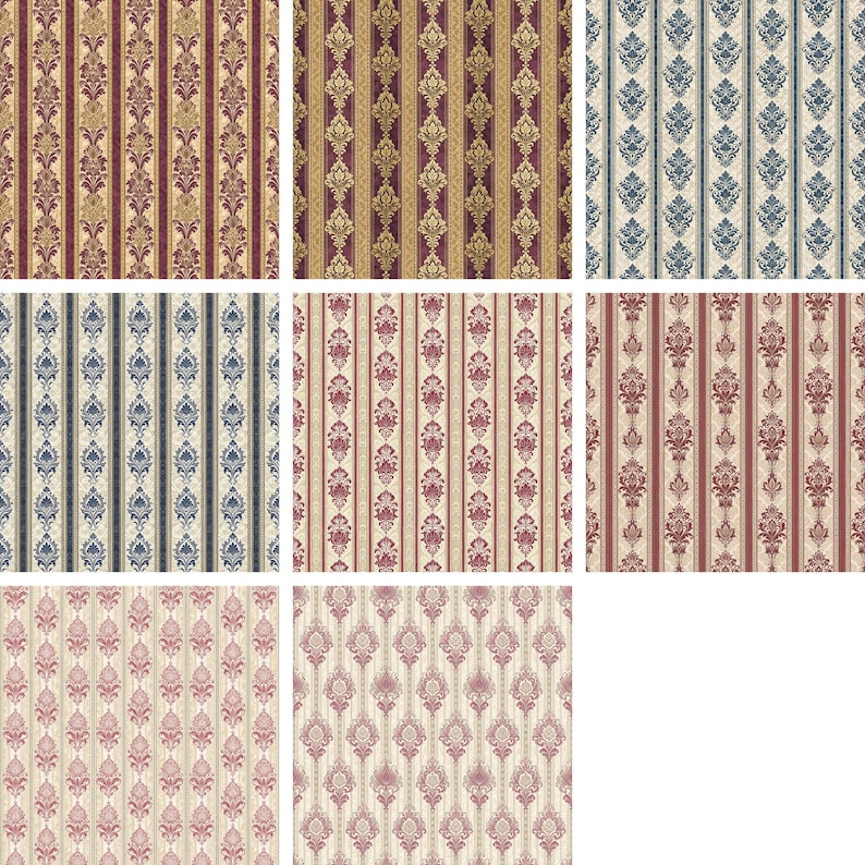 Formal Victorian Dollhouse Wallpaper PDF, Wide Stripes With Damask