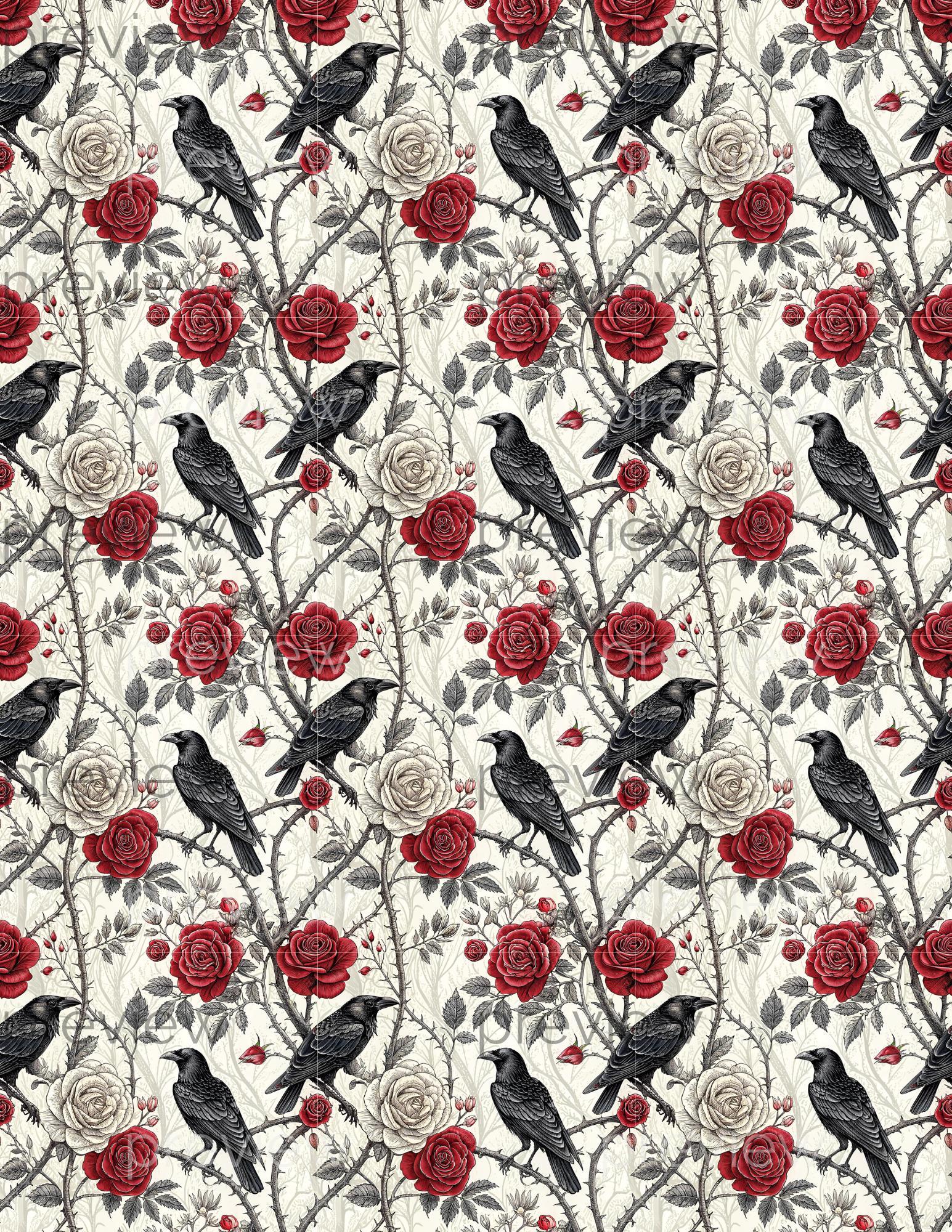 Gothic Roses & Crows Dollhouse Wallpaper: Halloween Miniature Decor ...
