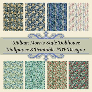 Puede incluir: Ocho diseños PDF imprimibles de papel pintado para casas de muñecas estilo William Morris. Los diseños presentan patrones florales y botánicos en varias combinaciones de colores, incluyendo azul, verde y rojo. La imagen incluye el texto "William Morris Style Dollhouse Wallpaper 8 Printable PDF Designs."