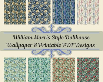Papel pintado para casas de muñecas de William Morris, 8 estampados florales victorianos (descarga digital en formato A4)