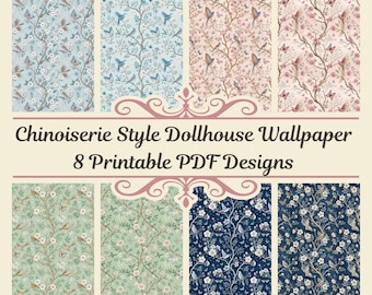 Chinoiserie Dollhouse Wallpaper, 1:12 Scale, Floral Decor (Printable PDF)