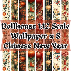 Páginas digitales para papel tapiz de linternas chinas para casas de muñecas, imprimibles en miniatura para el Año Nuevo lunar, efímeras de festividades asiáticas, patrón floral festivo