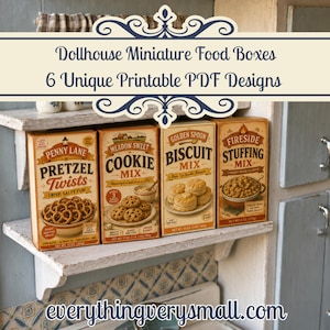 May include: Miniature dollhouse food boxes with six unique printable PDF designs. The boxes feature pretzel twists, cookie mix, biscuit mix, and stuffing mix. They are displayed on a white shelf with a blue and white patterned background.
