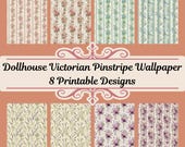 Dollhouse Victorian Pinstripe Wallpaper, 8 Printable Designs, PDF, Floral Bands, Miniature Walls, 1:12 Scale, Digital Download
