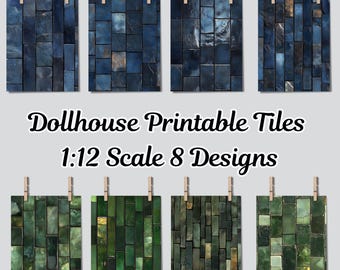 Dollhouse 1:12 Scale Ceramic Tiles x 8 A4 Printable Sheets - Navy Blue, Forest Green, Rustic Floor and Wall Patterns, Seamless Tile Design