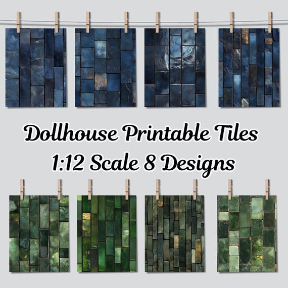 Dollhouse 1:12 Scale Ceramic Tiles x 8 A4 Printable Sheets - Navy Blue, Forest Green, Rustic Floor and Wall Patterns, Seamless Tile Design