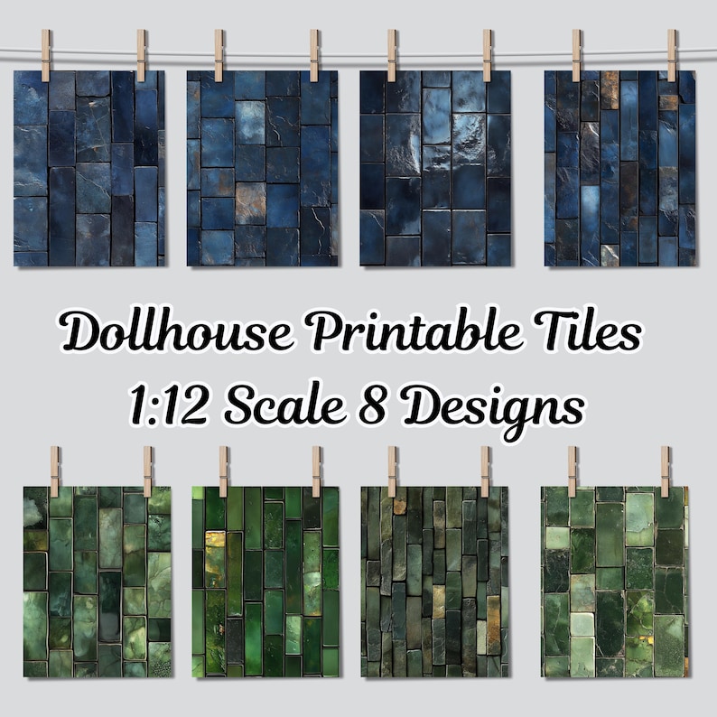 May include: Eight printable tile designs for dollhouses in 1:12 scale. The designs feature blue and green tiles with various patterns and textures.