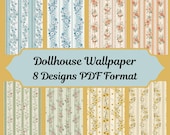 Dollhouse 1:12 Scale Georgian Stripe & Floral Wallpaper, 8 A4 Printable Digital PDF Download Sheets, Elegant Miniature Victorian Regency