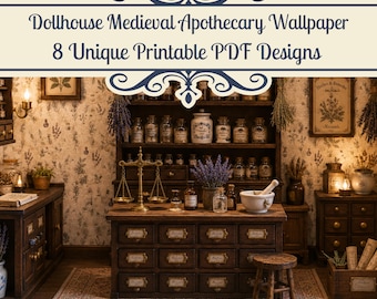 Dollhouse Tapestry Wallpaper, 8 Printable Medieval Apothecary Designs, Digital Vintage Botanical Walls with Herbs, Jars & Latin Script