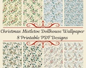 1:12 Dollhouse Christmas Mistletoe Wallpaper Set, 8 A4 Printable Sheets, Vintage Botanical Holiday Decor, Seamless Digital PDF Craft