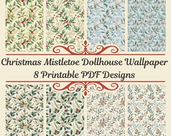 Dollhouse Christmas Mistletoe Wallpaper, Vintage Botanical Decor (Digital PDF)