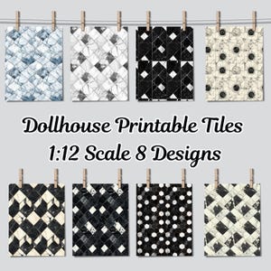 8 feuilles A4 imprimables Carrelage géométrique en marbre à l'échelle 1:12 pour maison de poupée - Noir et blanc, élégance moderne, design homogène au sol et sur les murs