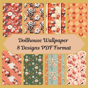 8 Chinoiserie-achtergronden voor poppenhuis, miniatuur afdrukbare schaal 1:12, vintage bloemen digitale download, elegant poppenhuisdecor