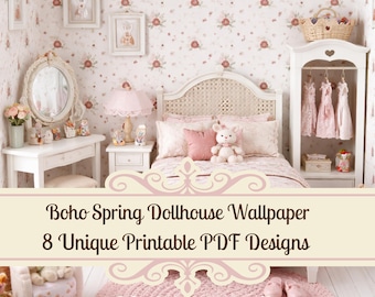 Boho Spring Dollhouse Wallpaper, 8 Unique Designs, PDF Downloads, Miniature Decor