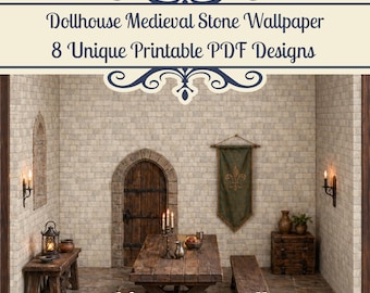 Medieval Stone Dollhouse Wallpaper – 1:12 Scale Printable Castle Walls (Digital Download)