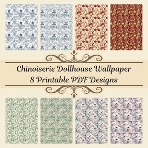 Miniatuur chinoiserie-achtergronden, poppenhuisdecor op schaal 1:12, bloemenprintables, elegante digitale download, wandbekleding poppenhuis