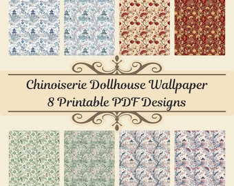 Miniature Chinoiserie Dollhouse Wallpaper, 1:12 Scale Floral Printables (Digital Download)