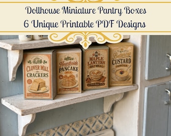 Vintage Food Carton Printables 6 Designs, Dollhouse Miniature Pantry Boxes, 1:12 Scale Retro Grocery Digital Download