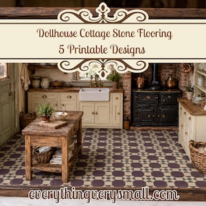 Può includere: Un foglio stampabile digitale con Dollhouse Cottage Stone Flooring 5 Printable Designs con un motivo geometrico di ottagoni viola scuro e quadrati beige chiaro. L'immagine mostra una scena di cucina in miniatura con mobili e armadietti.