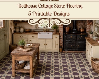 Dollhouse Stone Flooring Printable, 5 Cottage Floor Designs, Miniature 1:12 Scale PDF