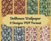8 Miniature Dollhouse Damask Wallpapers, 1:12 Scale Printable, Victorian Digital Wall Coverings, Elegant Baroque Decor