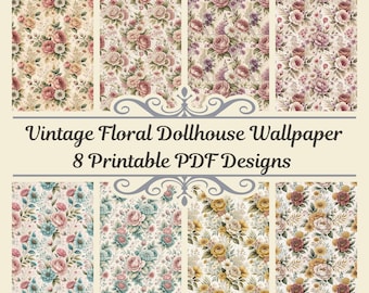 Papel pintado vintage con estampado floral para casa de muñecas - Flores en miniatura, 8 hojas tamaño A4 (PDF imprimible)