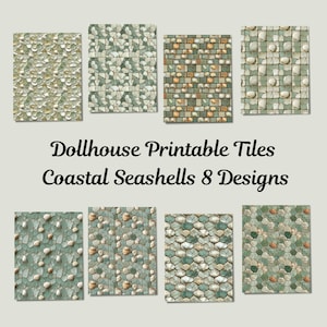 Op de afbeelding: Acht printbare ontwerpen van schelpentegels voor poppenhuizen. De tegels zijn in verschillende tinten groen, wit en bruin.