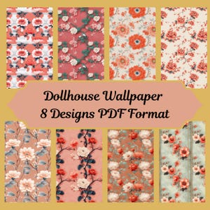 8 miniatuur chinoiserie-achtergronden, poppenhuisdecor op schaal 1:12, afdrukbare bloemen wandbekleding, elegante digitale download